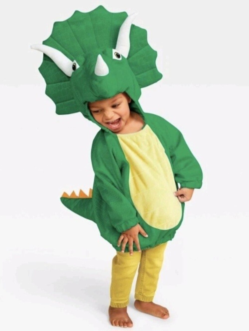 Dinosaur Green Triceratops Costume with Yellow Belly For Baby 12-18 Months